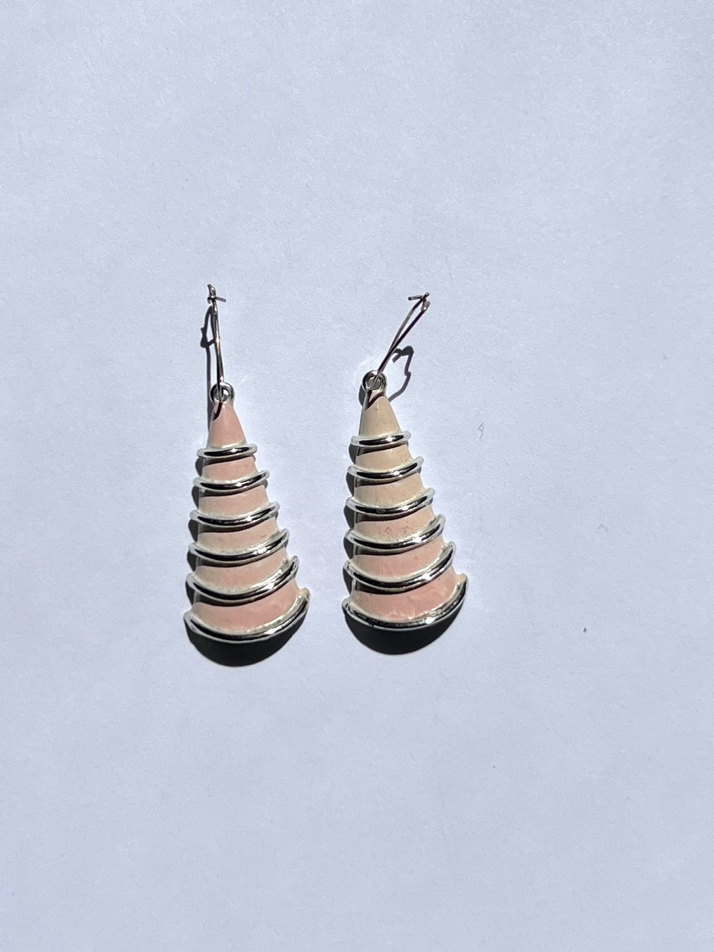 Vintage Signed RNK Pink Enamel Silver Tone Cone shaped Dangle Earrings - Pierced